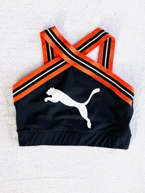 Puma Retro High Neck Sports Bra Crop Top, Black Orange White, Size S